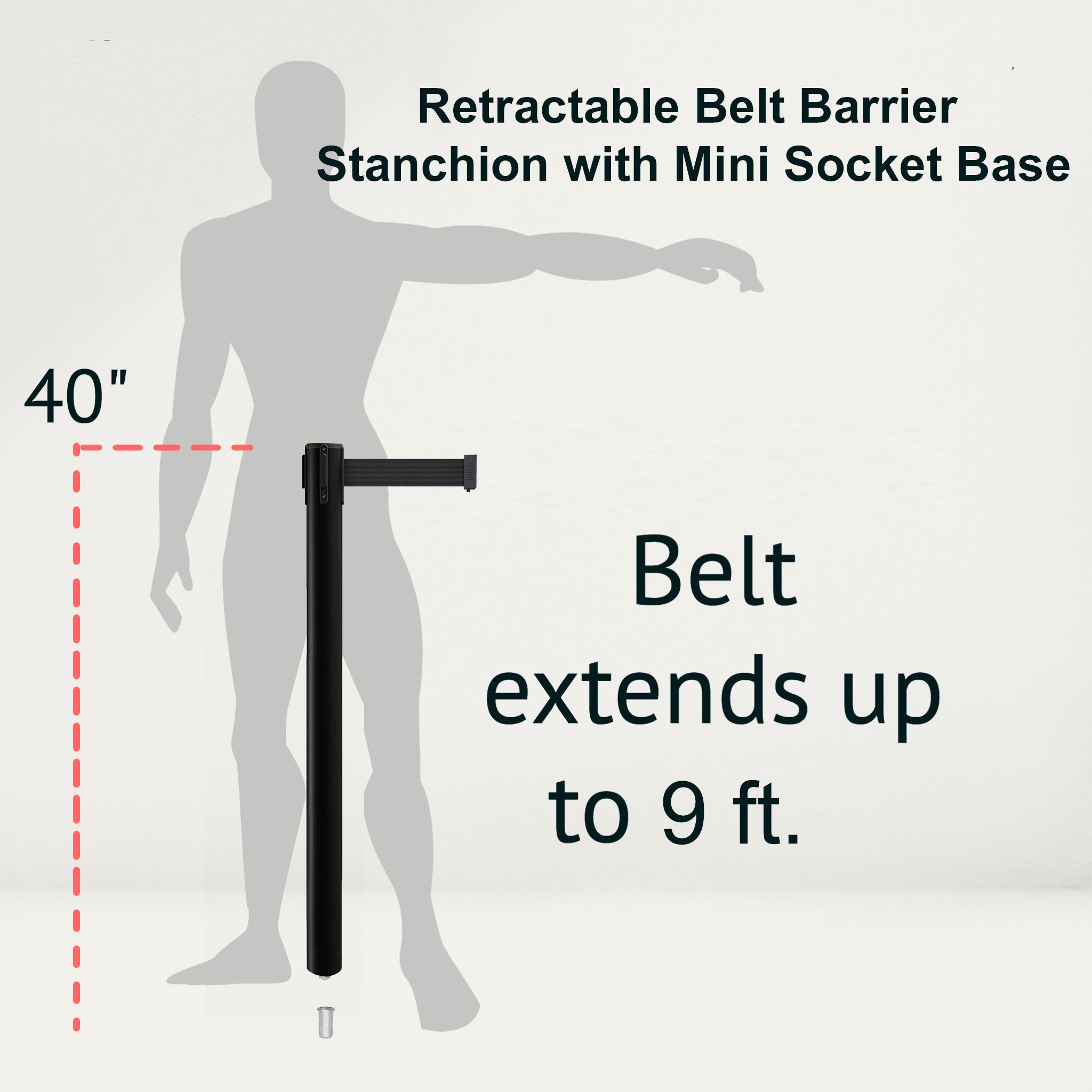 Retractable Belt Barrier Stanchion, Mini Socket Base, Black Post, 9 ft Belt - Montour Line MX630SK - Crowd Control Warehouse