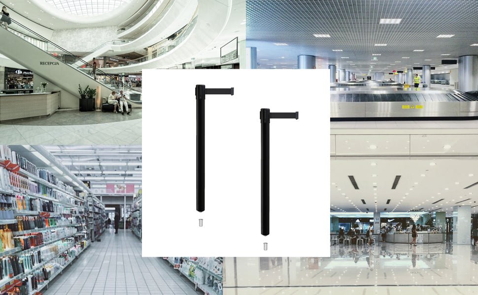 Retractable Belt Barrier Stanchion, Mini Socket Base, Black Post, 9 ft Belt - Montour Line MX630SK - Crowd Control Warehouse