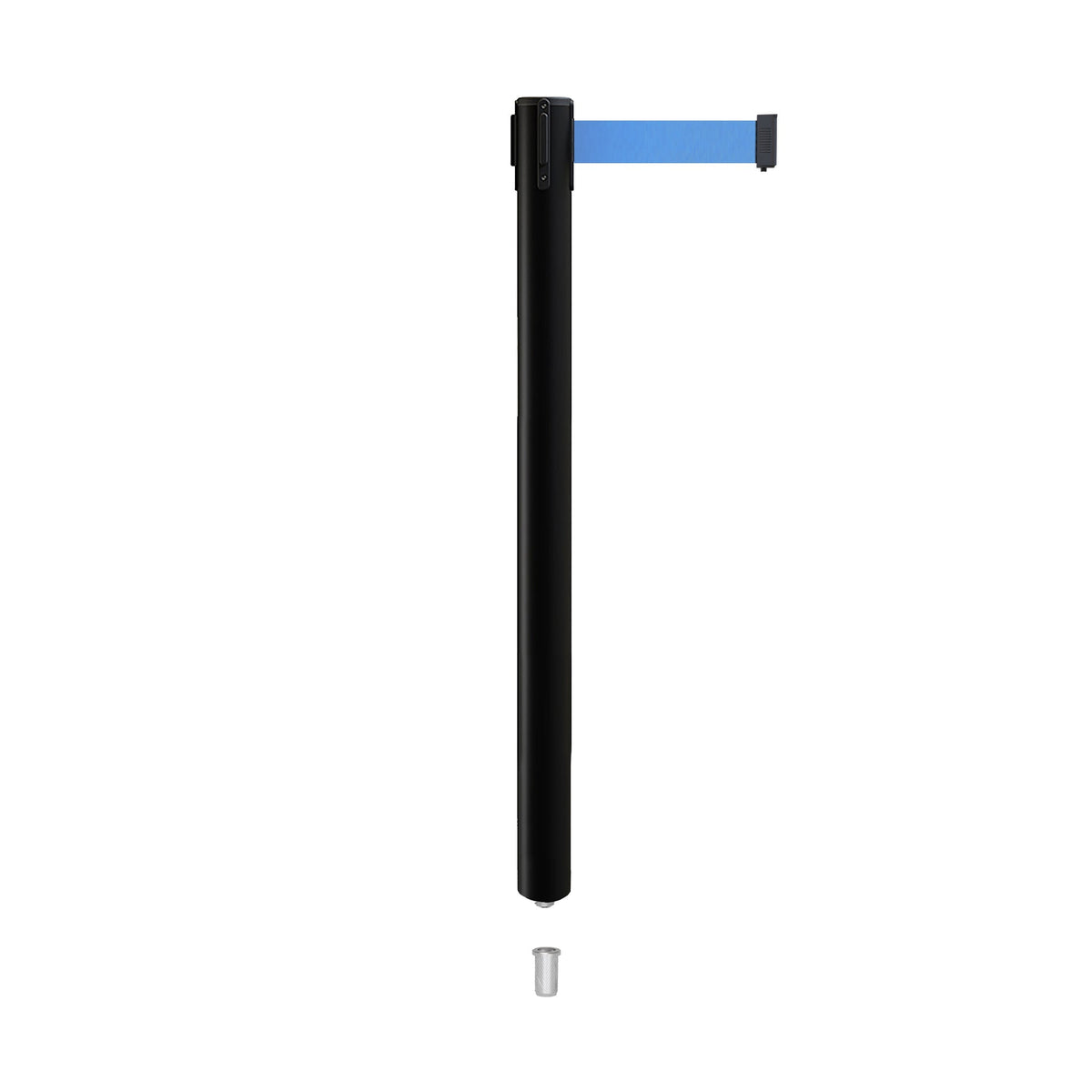 Retractable Belt Barrier Stanchion, Mini Socket Base, Black Post, 9 ft Belt - Montour Line MX630SK - Crowd Control Warehouse