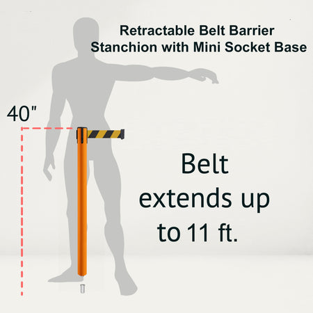 Retractable Belt Barrier Stanchion, Mini Socket Base, Orange Post, 11 ft Belt - Montour Line MSX630SK - Crowd Control Warehouse