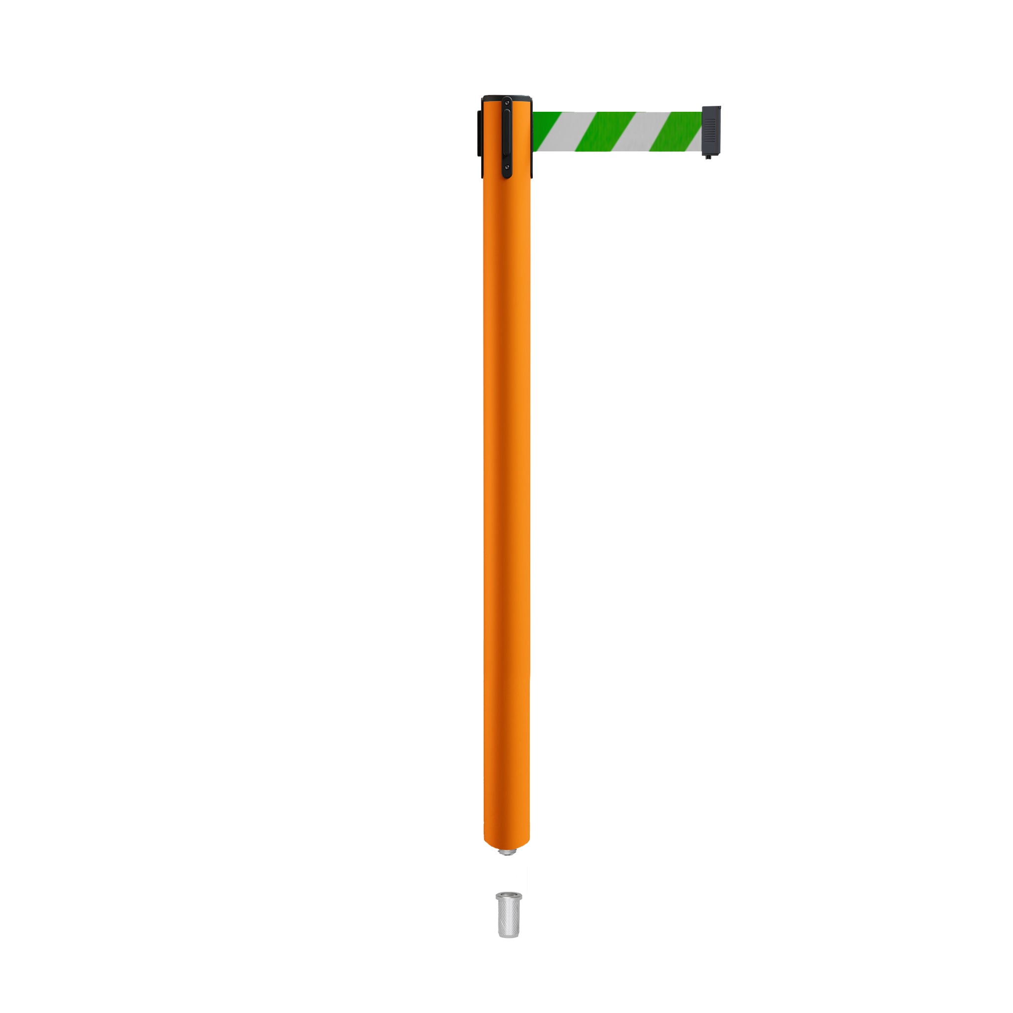 Retractable Belt Barrier Stanchion, Mini Socket Base, Orange Post, 13 ft Belt - Montour Line MSX630SK - Crowd Control Warehouse