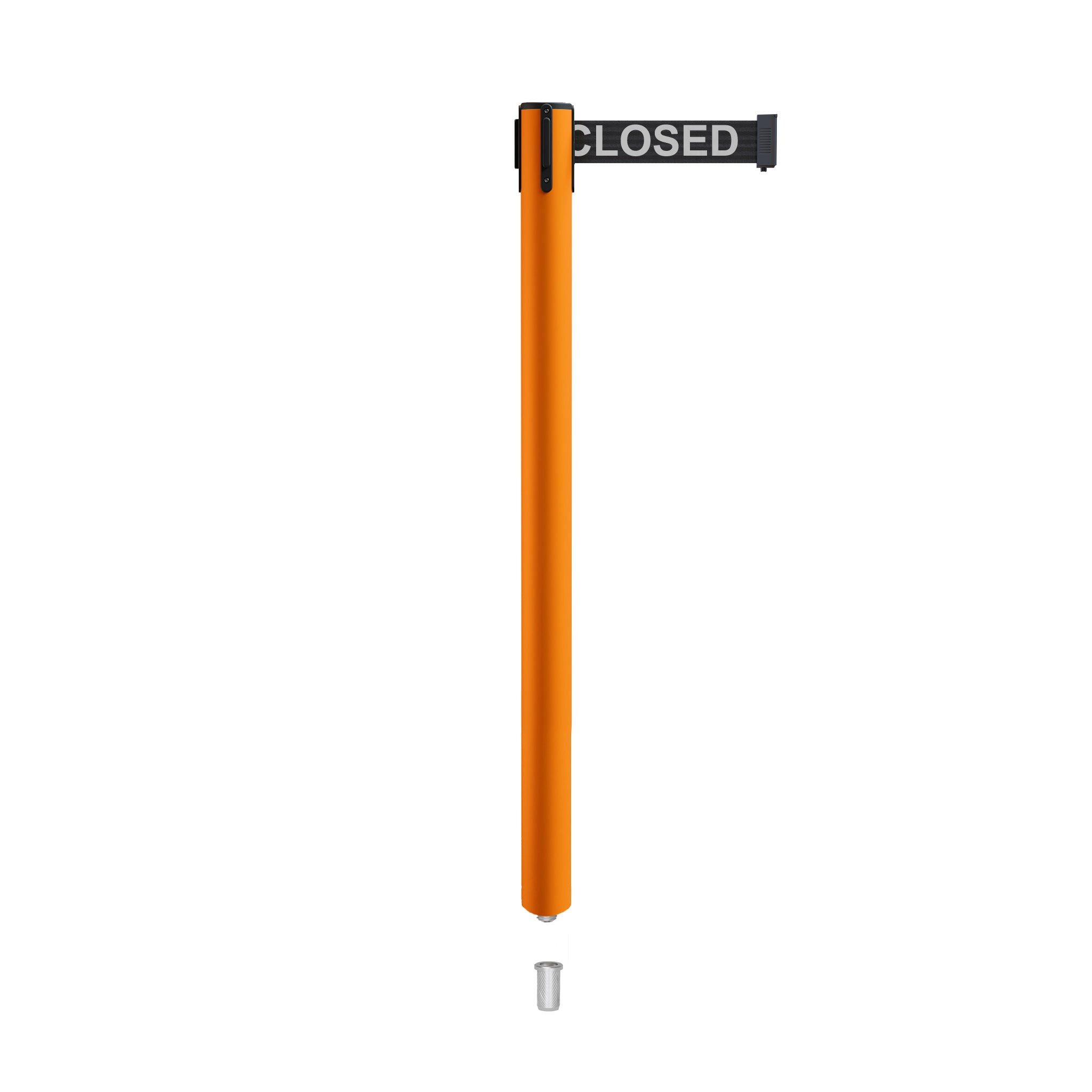 Retractable Belt Barrier Stanchion, Mini Socket Base, Orange Post, 7.5 ft Belt - Montour Line MSX630SK - Crowd Control Warehouse