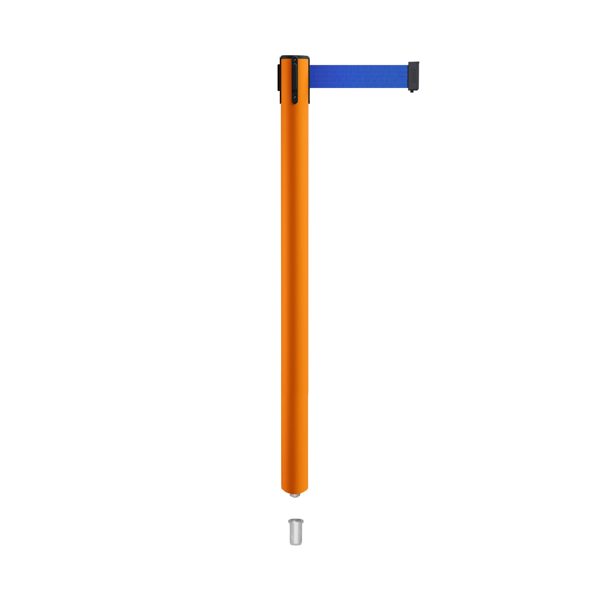 Retractable Belt Barrier Stanchion, Mini Socket Base, Orange Post, 7.5 ft Belt - Montour Line MSX630SK - Crowd Control Warehouse