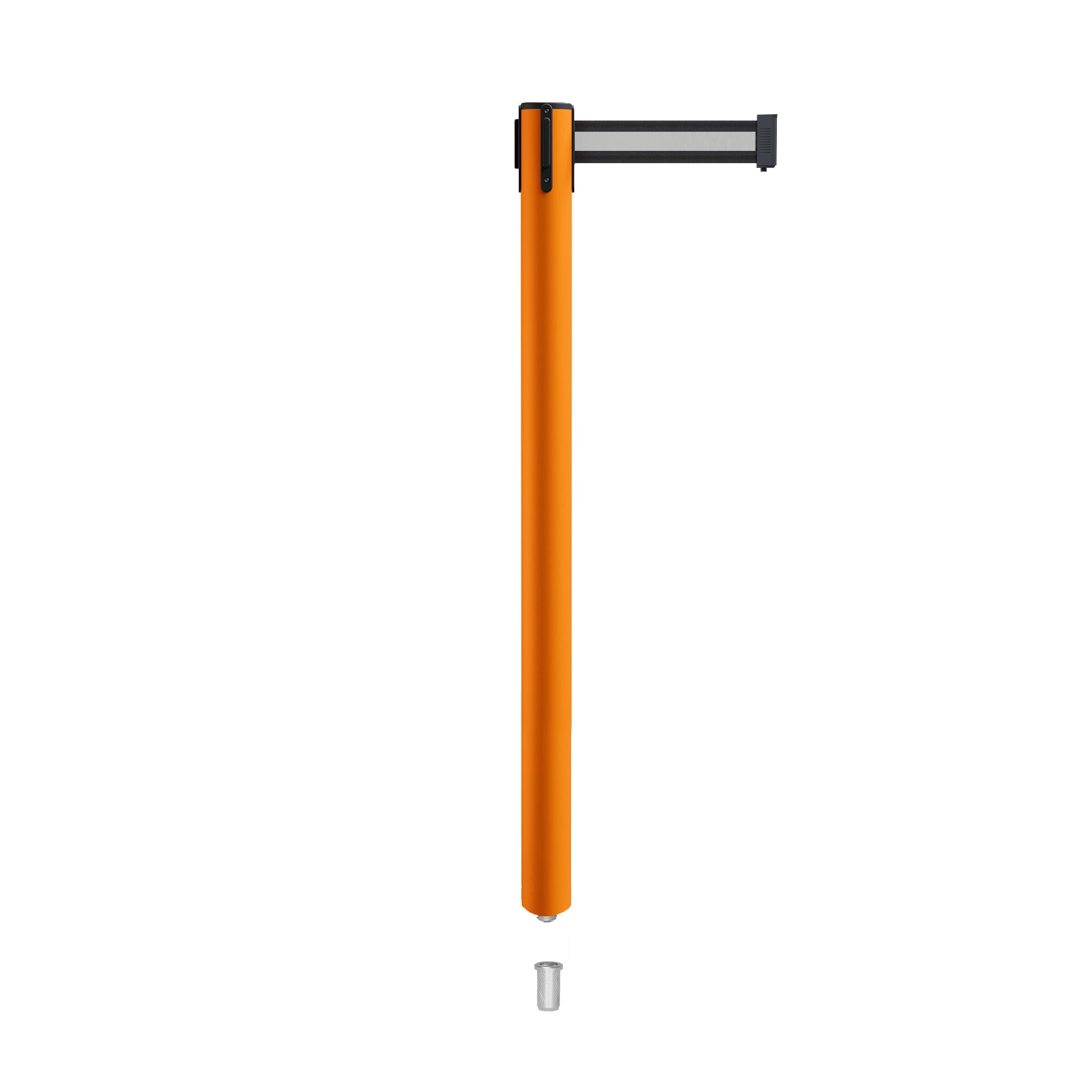 Retractable Belt Barrier Stanchion, Mini Socket Base, Orange Post, 7.5 ft Belt - Montour Line MSX630SK - Crowd Control Warehouse