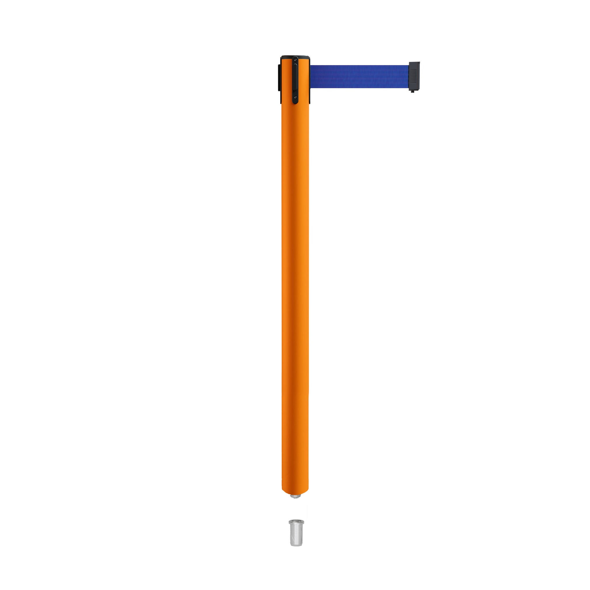 Retractable Belt Barrier Stanchion, Mini Socket Base, Orange Post, 7.5 ft Belt - Montour Line MSX630SK - Crowd Control Warehouse
