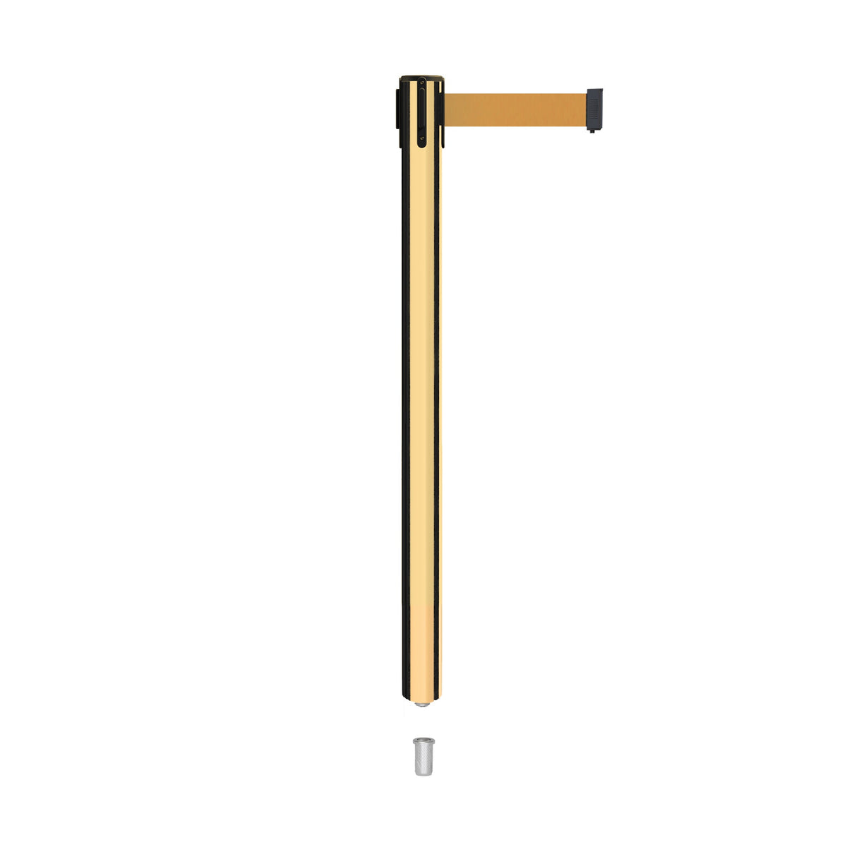 Retractable Belt Barrier Stanchion, Mini Socket Base, Polished Brass Post, 11 ft Belt - Montour Line MX630SK - Crowd Control Warehouse