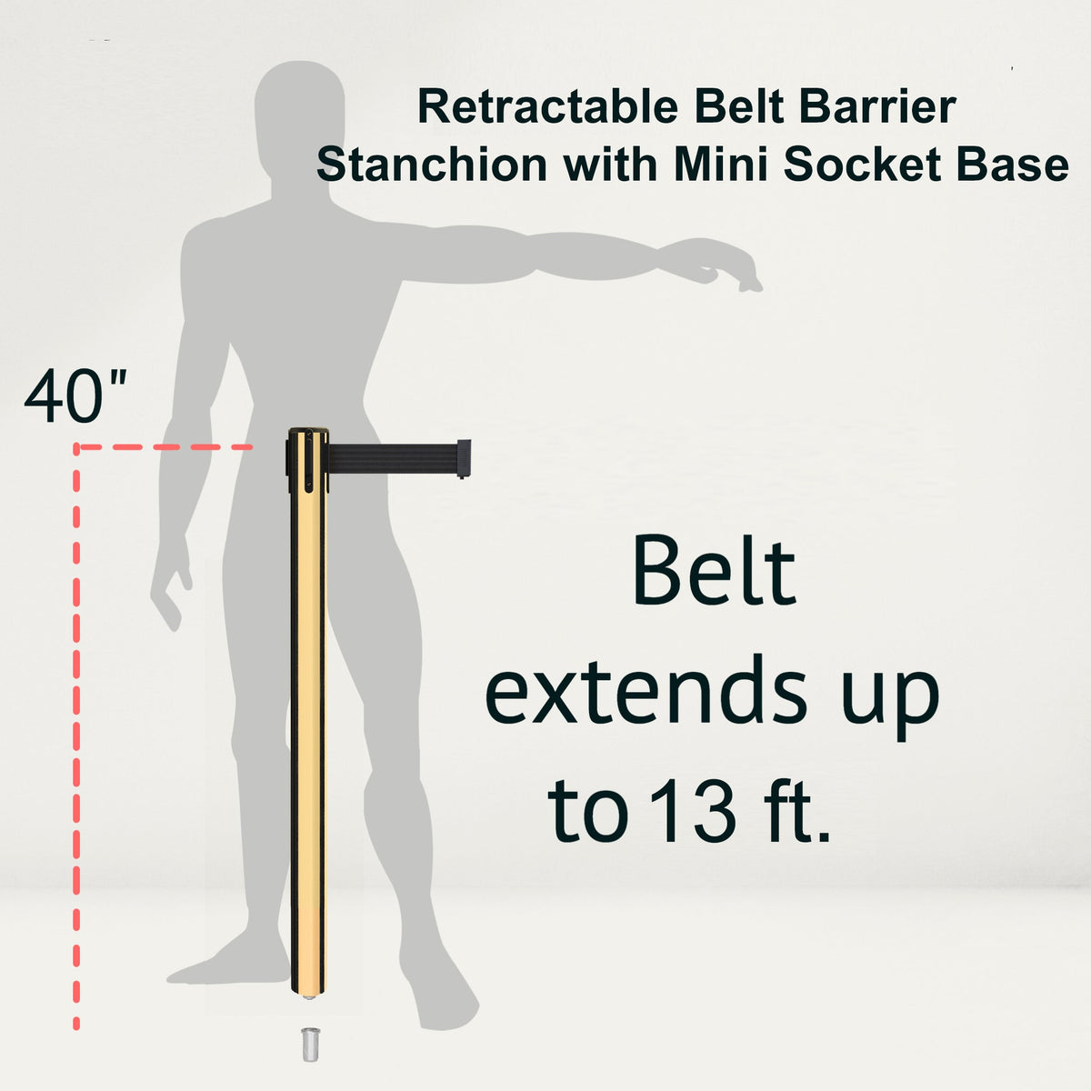 Retractable Belt Barrier Stanchion, Mini Socket Base, Polished Brass Post, 13 ft Belt - Montour Line MX630SK - Crowd Control Warehouse