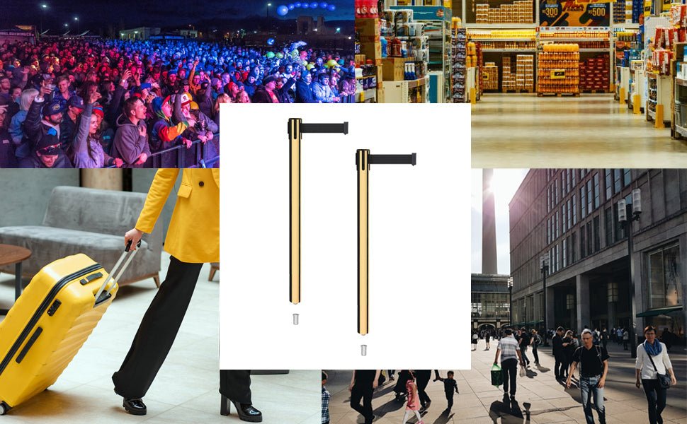 Retractable Belt Barrier Stanchion, Mini Socket Base, Polished Brass Post, 13 ft Belt - Montour Line MX630SK - Crowd Control Warehouse