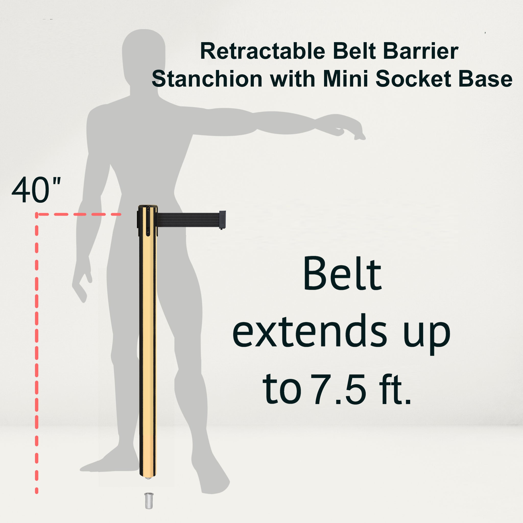 Retractable Belt Barrier Stanchion, Mini Socket Base, Polished Brass Post, 7.5 ft Belt - Montour Line MX630SK - Crowd Control Warehouse