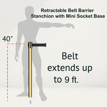 Retractable Belt Barrier Stanchion, Mini Socket Base, Polished Brass Post, 9 ft Belt - Montour Line MX630SK - Crowd Control Warehouse