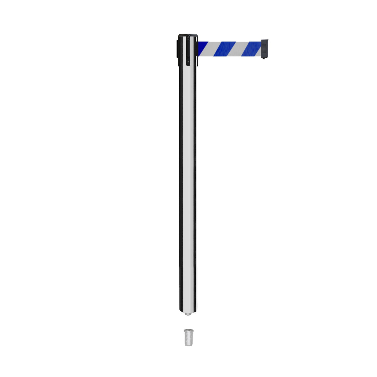 Retractable Belt Barrier Stanchion, Mini Socket Base, Polished Stainless Steel Post, 11 ft Belt - Montour Line MX630SK - Crowd Control Warehouse