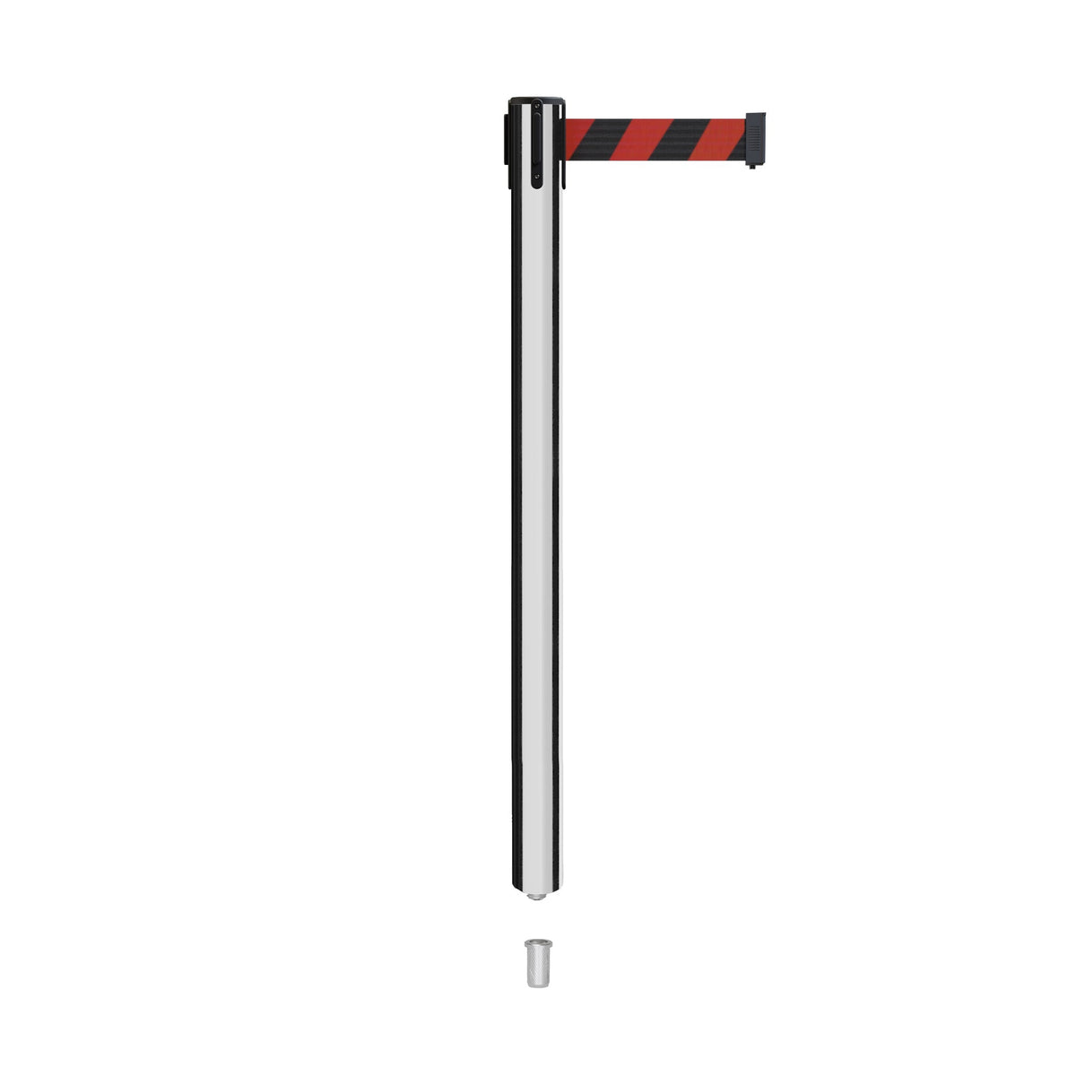 Retractable Belt Barrier Stanchion, Mini Socket Base, Polished Stainless Steel Post, 13 ft Belt - Montour Line MX630SK - Crowd Control Warehouse