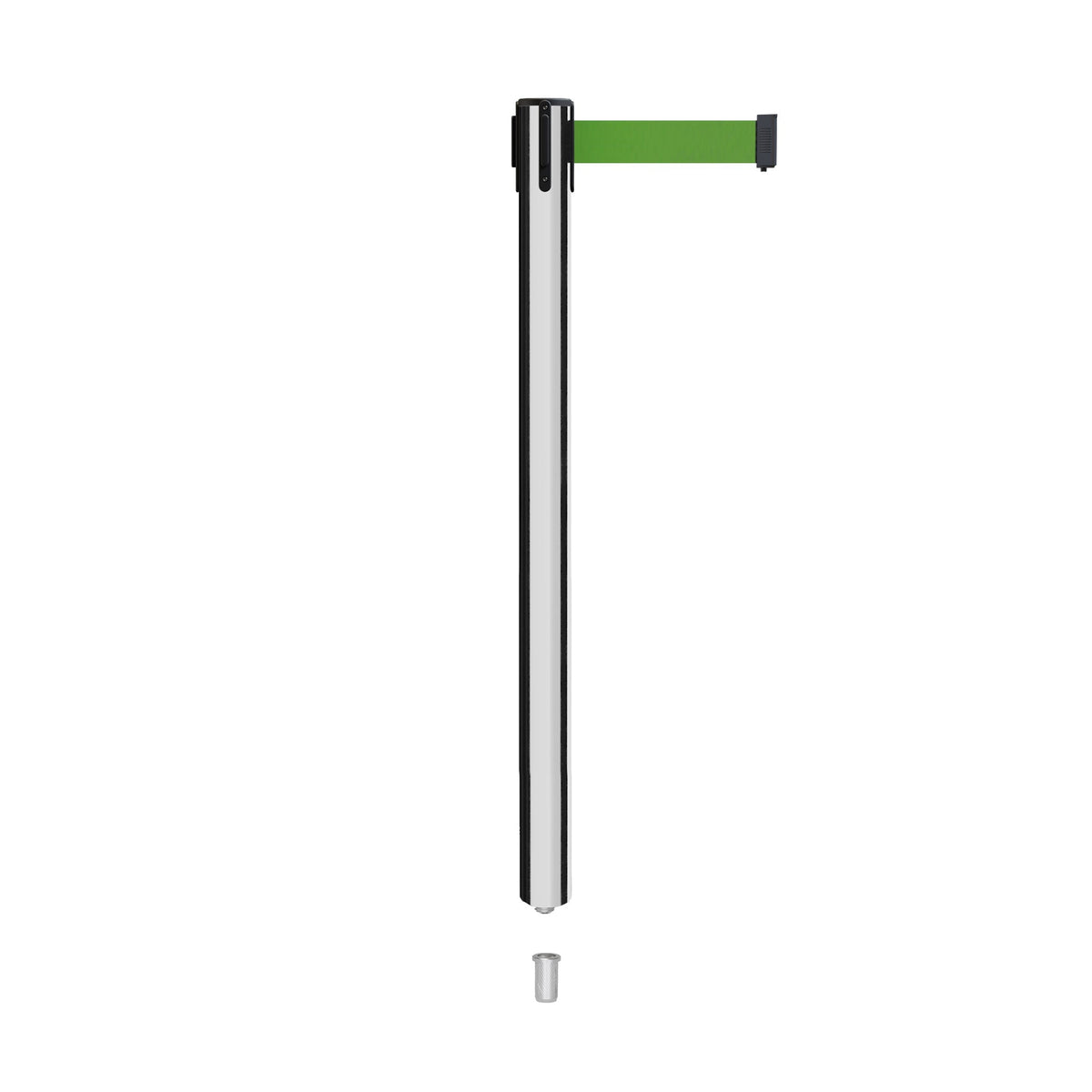 Retractable Belt Barrier Stanchion, Mini Socket Base, Polished Stainless Steel Post, 13 ft Belt - Montour Line MX630SK - Crowd Control Warehouse
