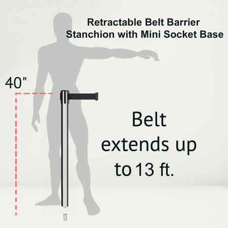 Retractable Belt Barrier Stanchion, Mini Socket Base, Polished Stainless Steel Post, 13 ft Belt - Montour Line MX630SK - Crowd Control Warehouse