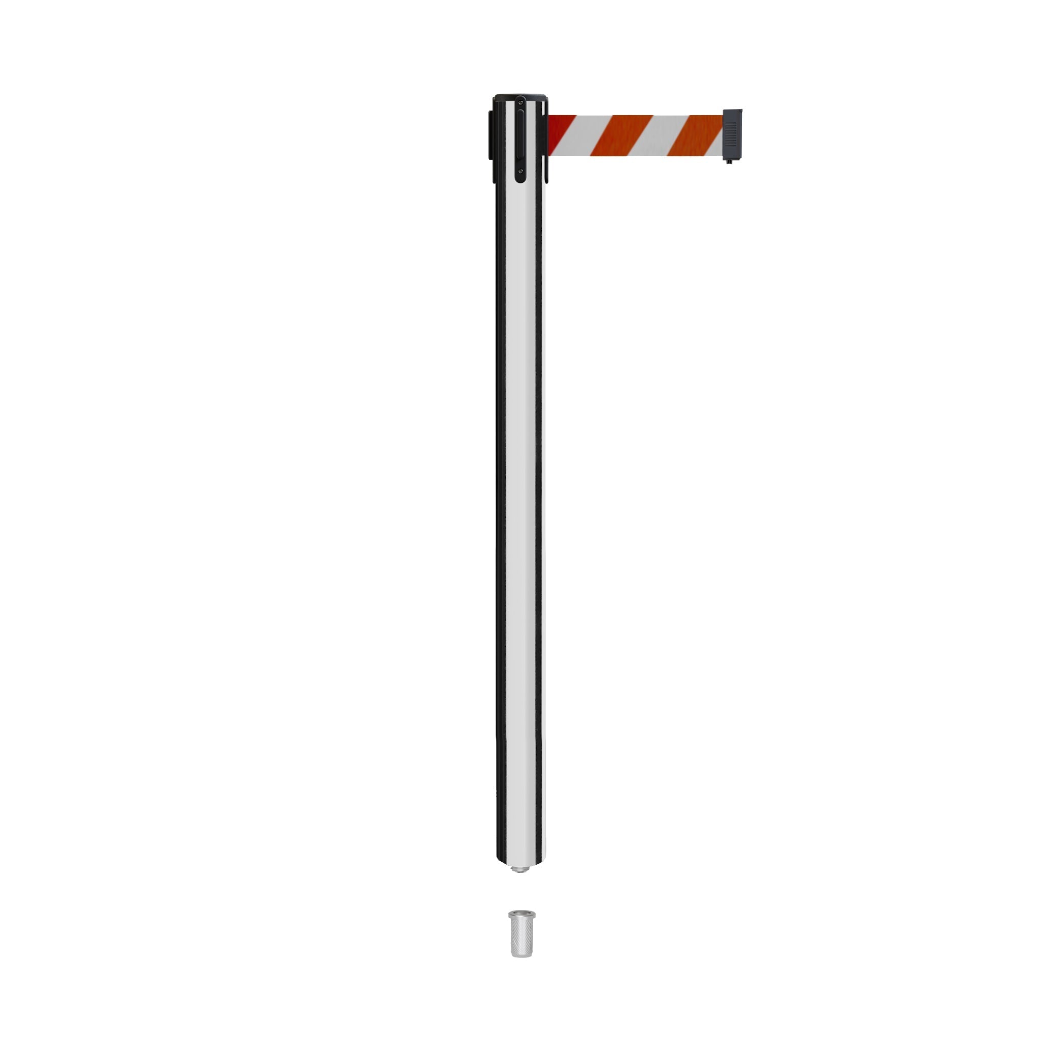 Retractable Belt Barrier Stanchion, Mini Socket Base, Polished Stainless Steel Post, 7.5 ft Belt - Montour Line MX630SK - Crowd Control Warehouse