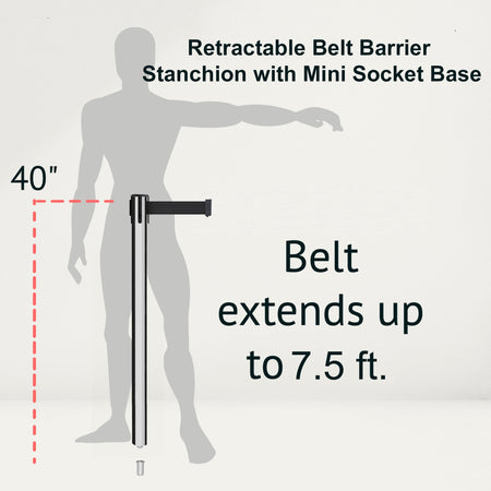 Retractable Belt Barrier Stanchion, Mini Socket Base, Polished Stainless Steel Post, 7.5 ft Belt - Montour Line MX630SK - Crowd Control Warehouse