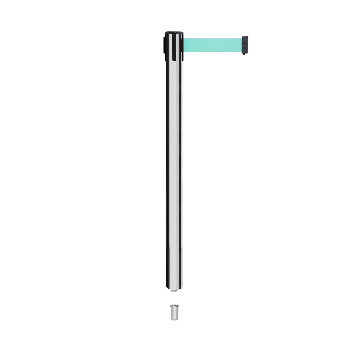 Retractable Belt Barrier Stanchion, Mini Socket Base, Polished Stainless Steel Post, 9 ft Belt - Montour Line MX630SK - Crowd Control Warehouse