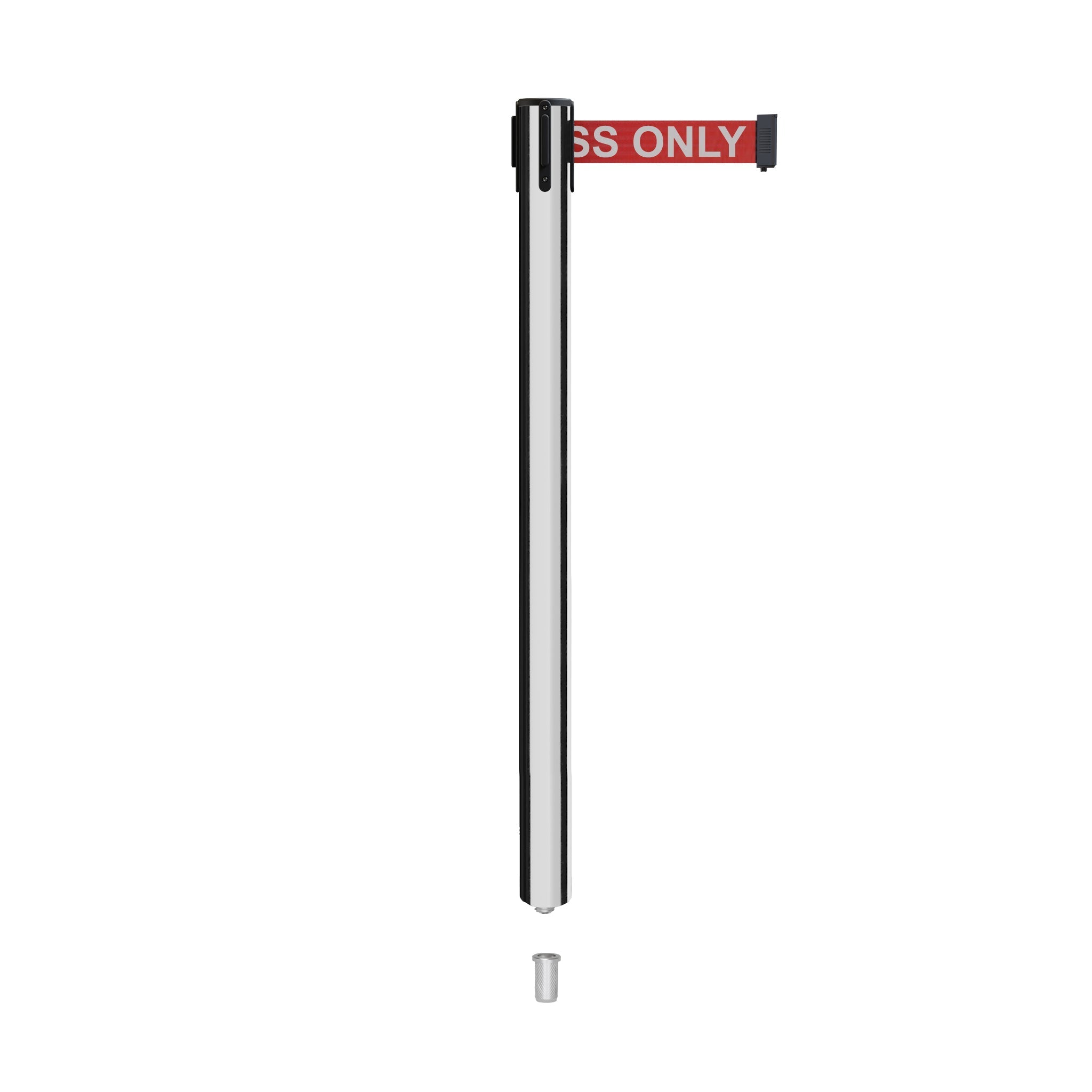 Retractable Belt Barrier Stanchion, Mini Socket Base, Polished Stainless Steel Post, 9 ft Belt - Montour Line MX630SK - Crowd Control Warehouse