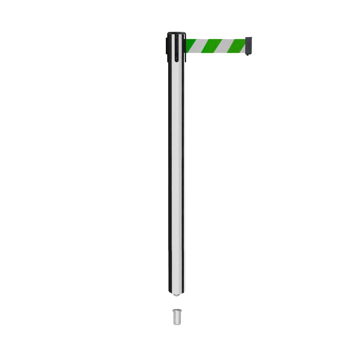 Retractable Belt Barrier Stanchion, Mini Socket Base, Polished Stainless Steel Post, 9 ft Belt - Montour Line MX630SK - Crowd Control Warehouse