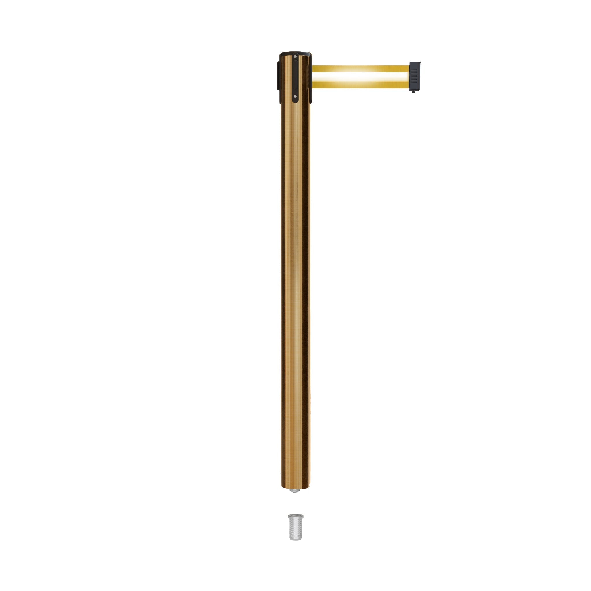 Retractable Belt Barrier Stanchion, Mini Socket Base, Satin Brass Post, 11 ft Belt - Montour Line MX630SK - Crowd Control Warehouse