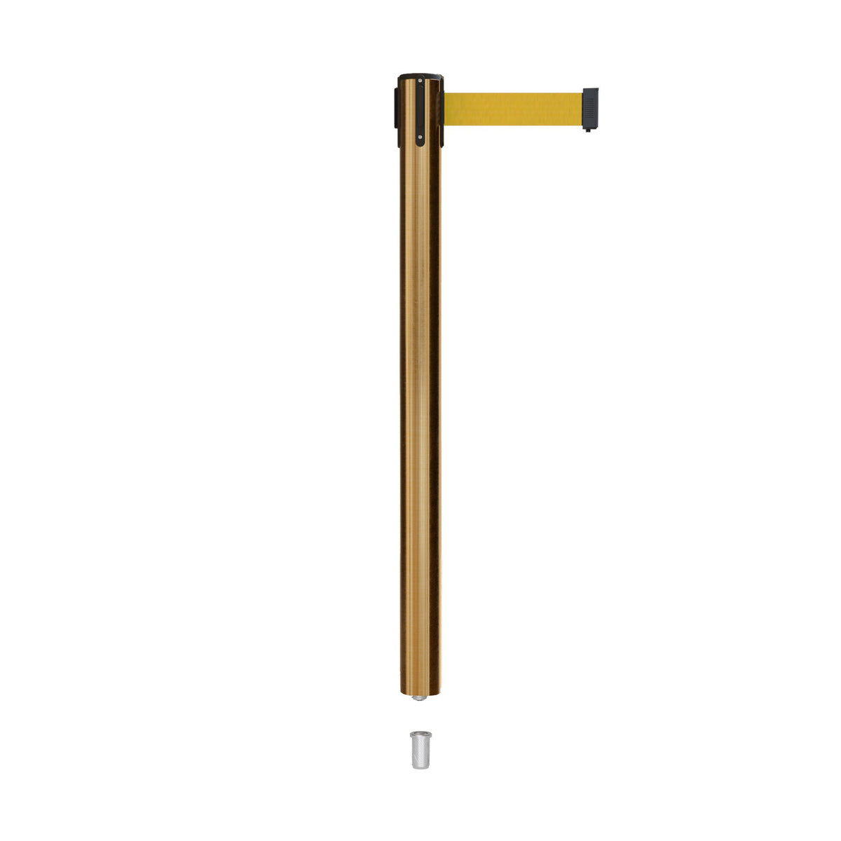 Retractable Belt Barrier Stanchion, Mini Socket Base, Satin Brass Post, 11 ft Belt - Montour Line MX630SK - Crowd Control Warehouse