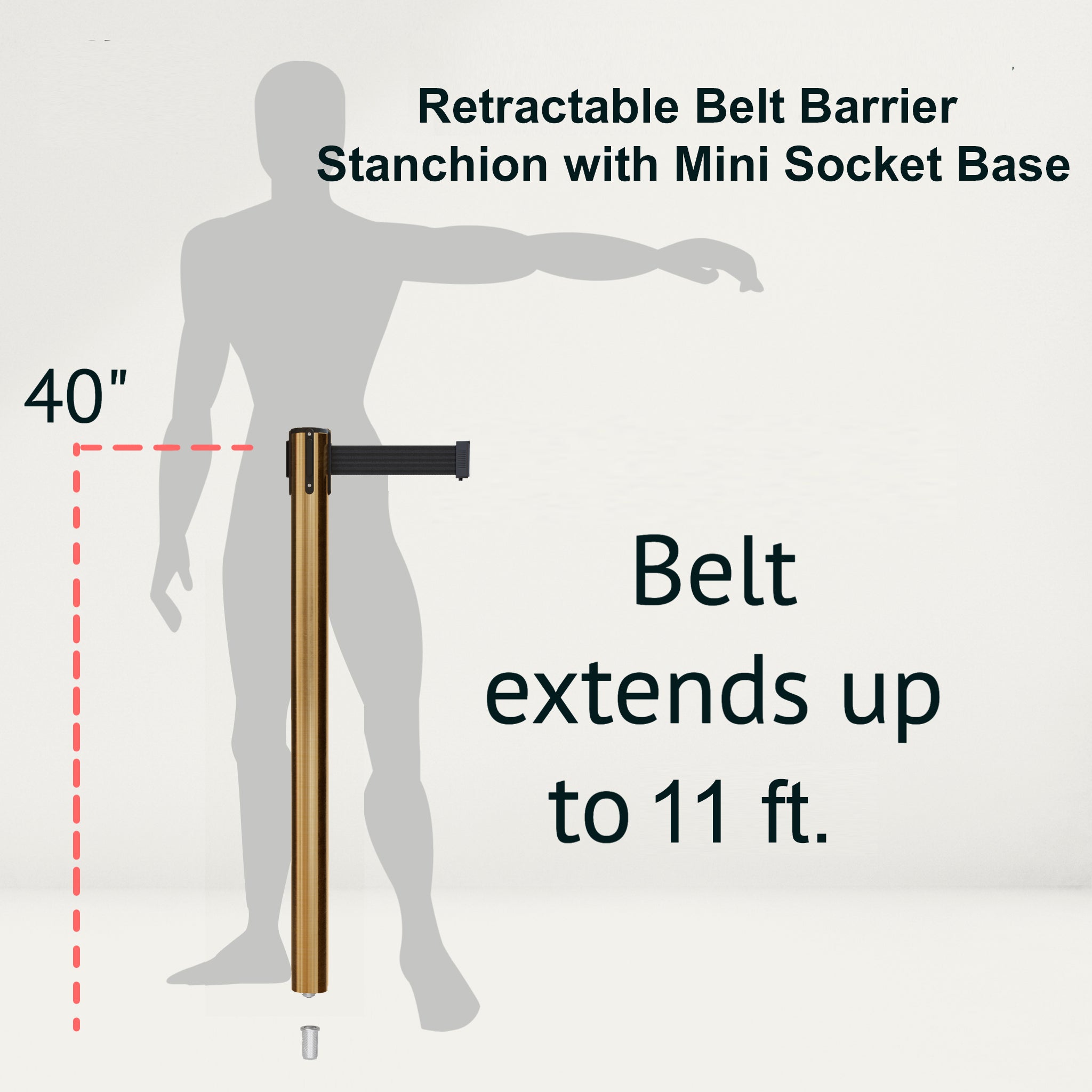 Retractable Belt Barrier Stanchion, Mini Socket Base, Satin Brass Post, 11 ft Belt - Montour Line MX630SK - Crowd Control Warehouse