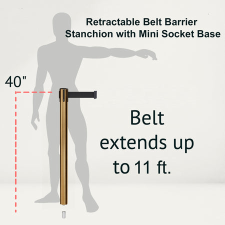 Retractable Belt Barrier Stanchion, Mini Socket Base, Satin Brass Post, 11 ft Belt - Montour Line MX630SK - Crowd Control Warehouse