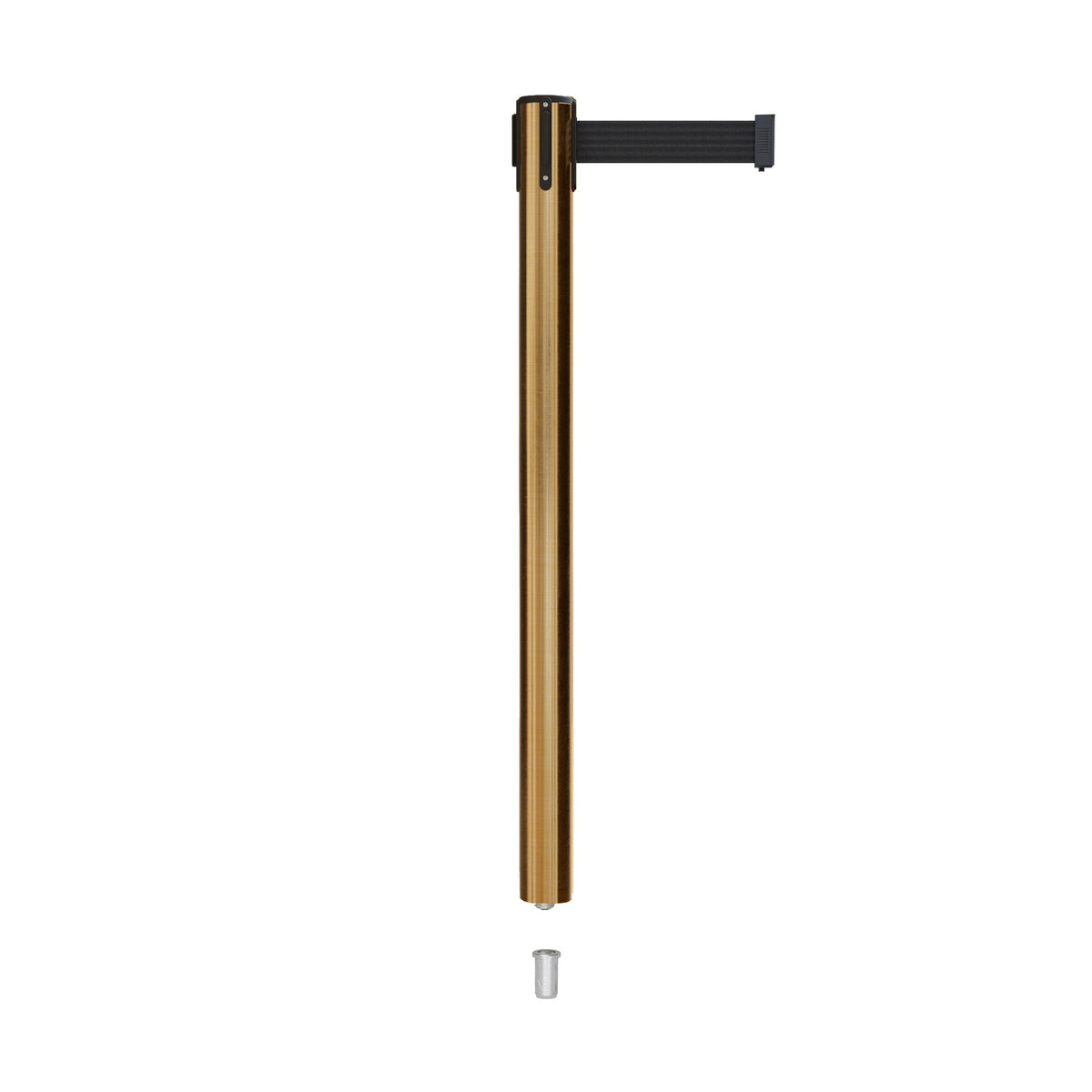 Retractable Belt Barrier Stanchion, Mini Socket Base, Satin Brass Post, 13 ft Belt - Montour Line MX630SK - Crowd Control Warehouse