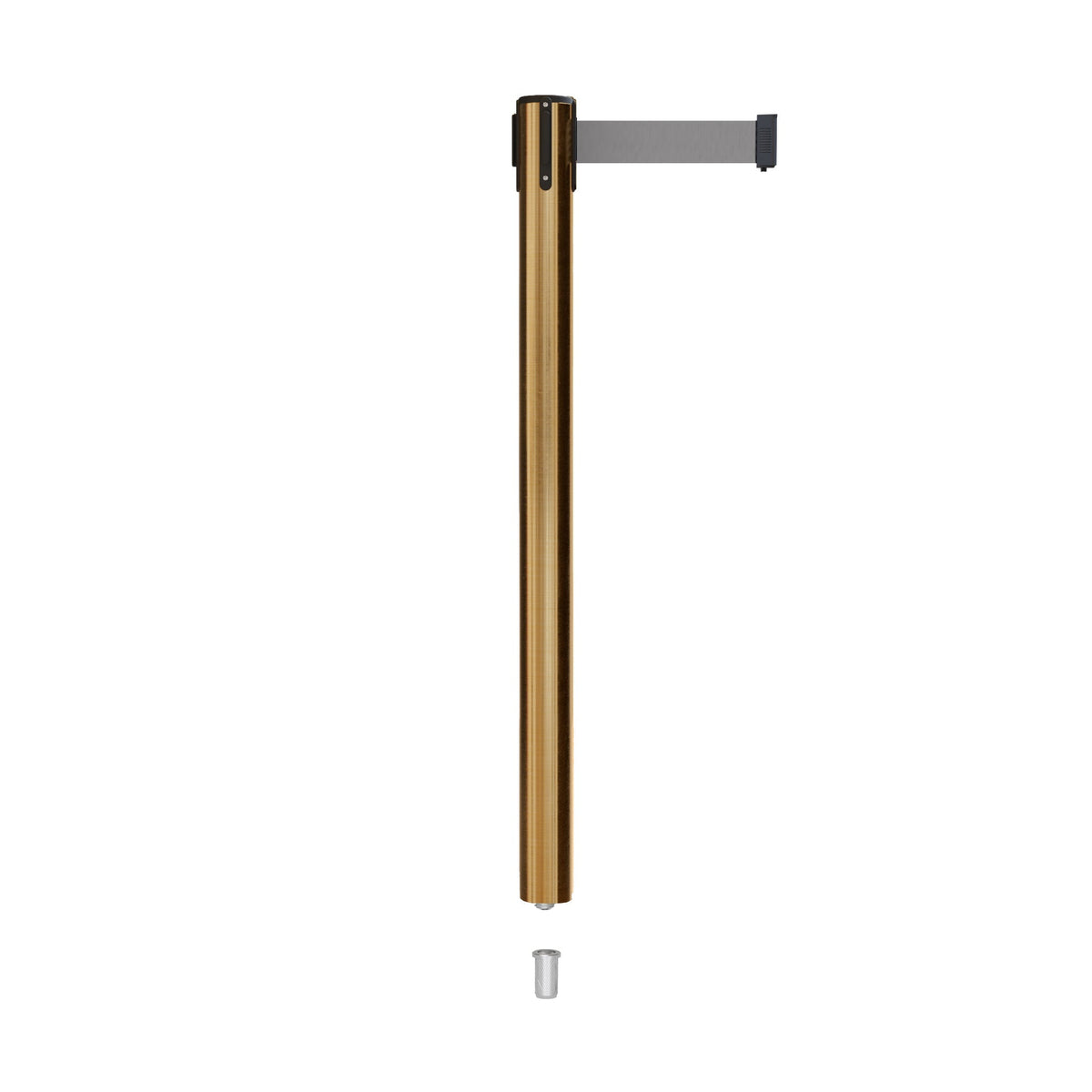 Retractable Belt Barrier Stanchion, Mini Socket Base, Satin Brass Post, 13 ft Belt - Montour Line MX630SK - Crowd Control Warehouse