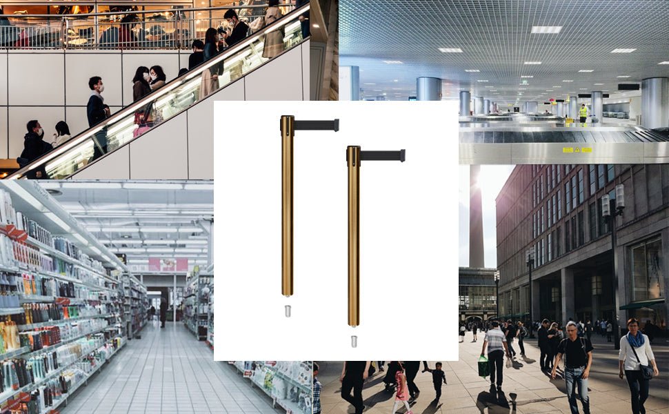 Retractable Belt Barrier Stanchion, Mini Socket Base, Satin Brass Post, 13 ft Belt - Montour Line MX630SK - Crowd Control Warehouse