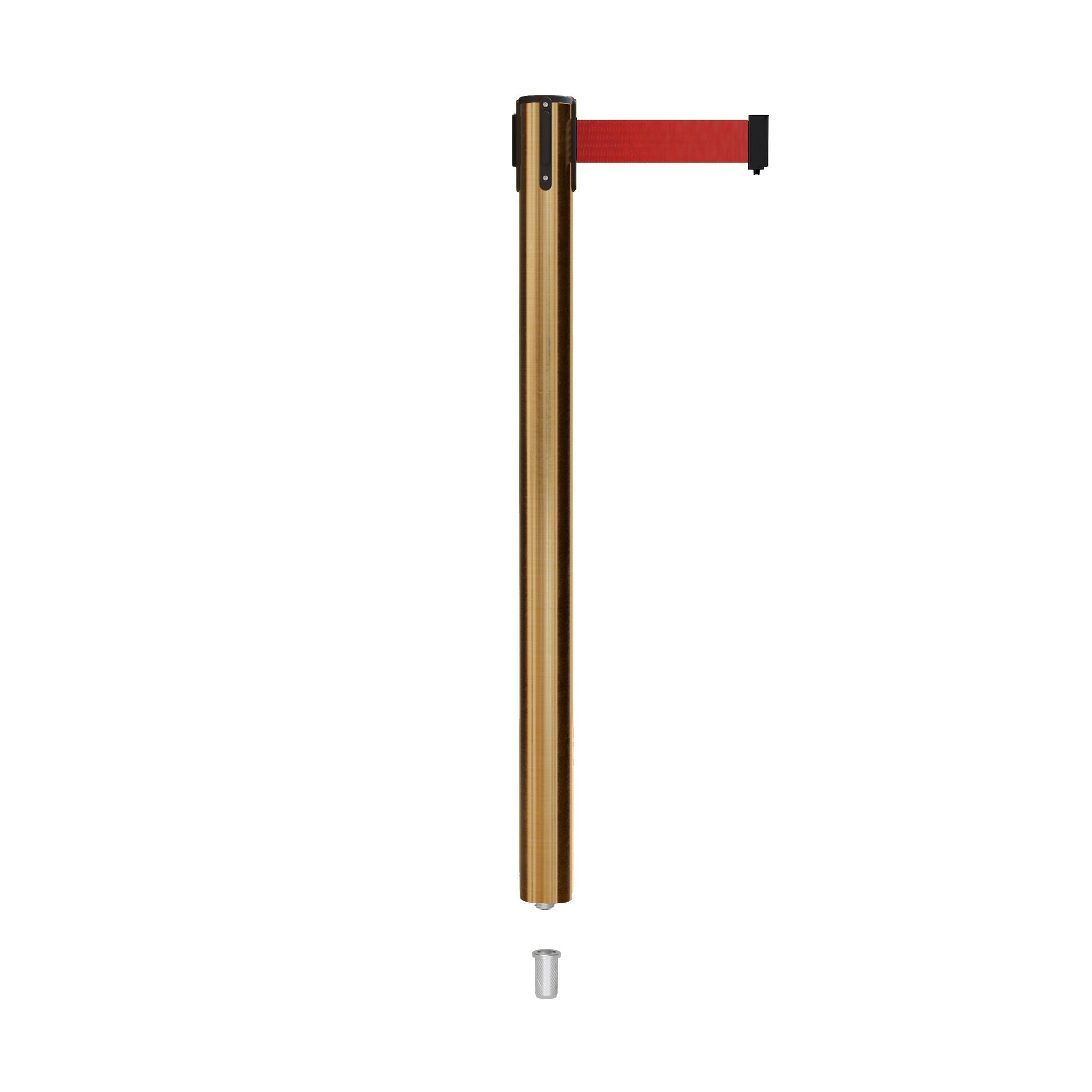 Retractable Belt Barrier Stanchion, Mini Socket Base, Satin Brass Post, 13 ft Belt - Montour Line MX630SK - Crowd Control Warehouse