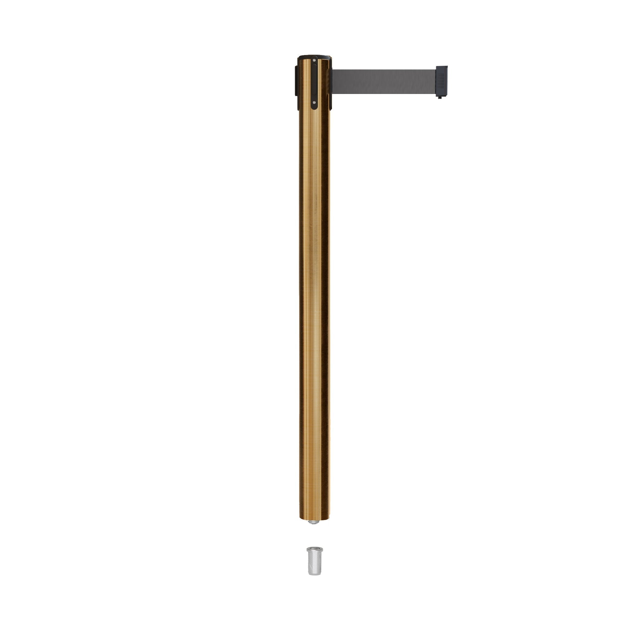 Retractable Belt Barrier Stanchion, Mini Socket Base, Satin Brass Post, 7.5 ft Belt - Montour Line MX630SK - Crowd Control Warehouse