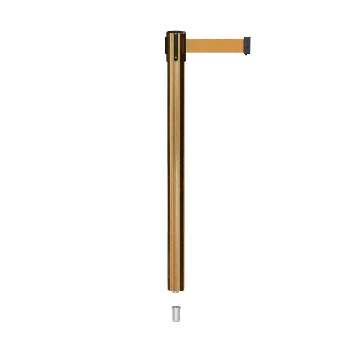 Retractable Belt Barrier Stanchion, Mini Socket Base, Satin Brass Post, 7.5 ft Belt - Montour Line MX630SK - Crowd Control Warehouse