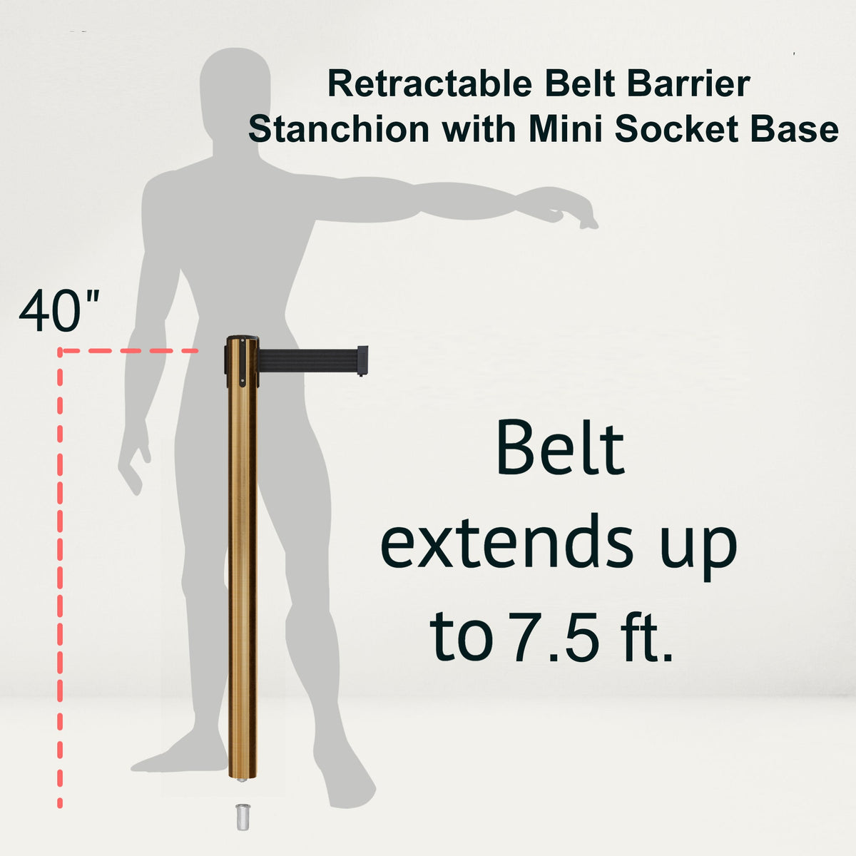 Retractable Belt Barrier Stanchion, Mini Socket Base, Satin Brass Post, 7.5 ft Belt - Montour Line MX630SK - Crowd Control Warehouse