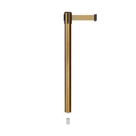Retractable Belt Barrier Stanchion, Mini Socket Base, Satin Brass Post, 9 ft Belt - Montour Line MX630SK - Crowd Control Warehouse
