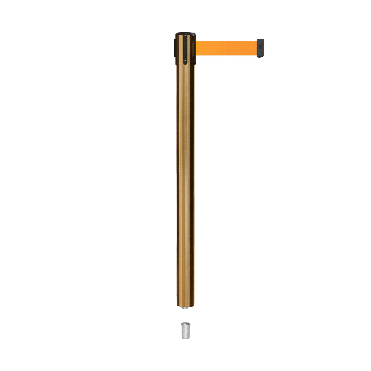 Retractable Belt Barrier Stanchion, Mini Socket Base, Satin Brass Post, 9 ft Belt - Montour Line MX630SK - Crowd Control Warehouse