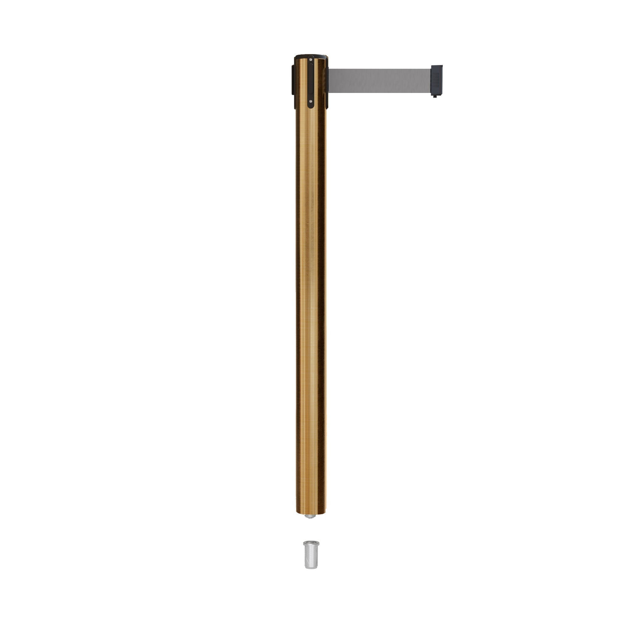 Retractable Belt Barrier Stanchion, Mini Socket Base, Satin Brass Post, 9 ft Belt - Montour Line MX630SK - Crowd Control Warehouse