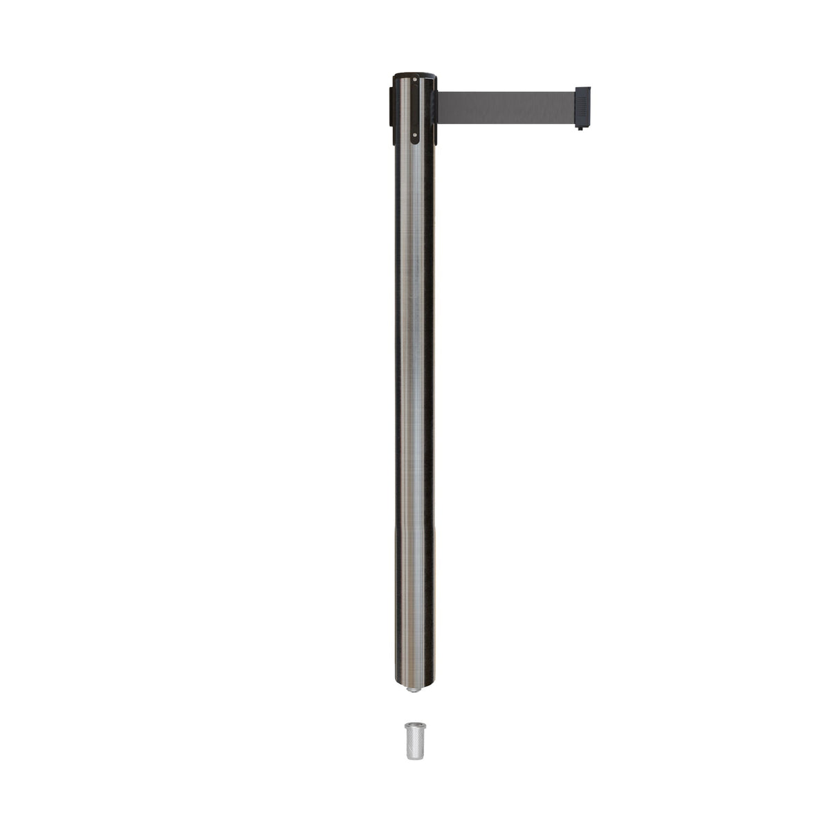 Retractable Belt Barrier Stanchion, Mini Socket Base, Satin Stainless Steel Post, 11 ft Belt - Montour Line MX630SK - Crowd Control Warehouse