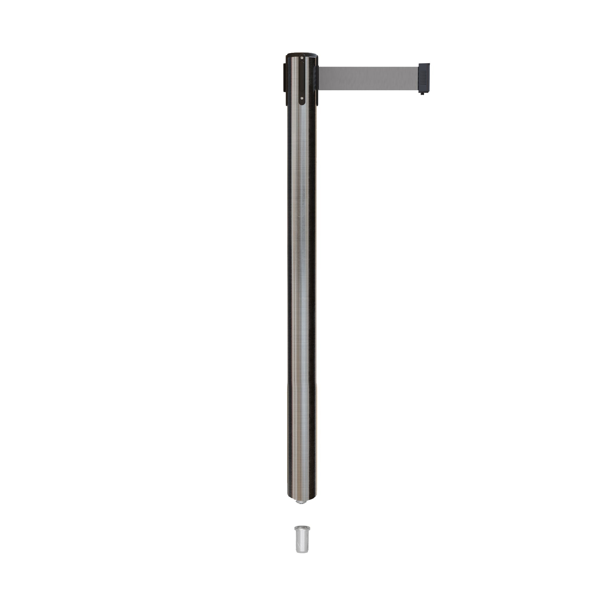 Retractable Belt Barrier Stanchion, Mini Socket Base, Satin Stainless Steel Post, 11 ft Belt - Montour Line MX630SK - Crowd Control Warehouse