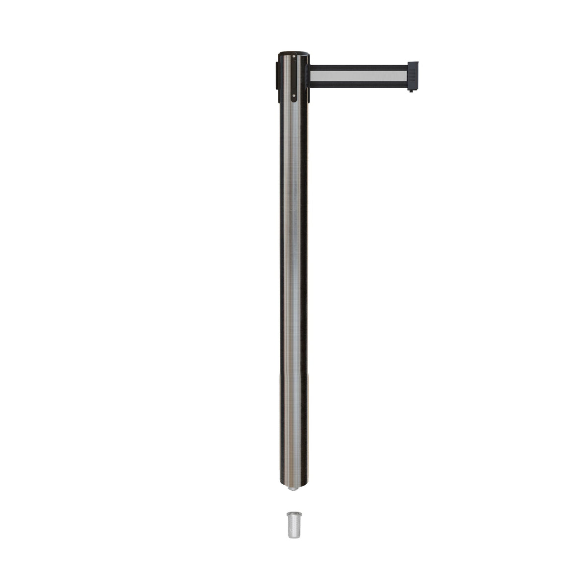Retractable Belt Barrier Stanchion, Mini Socket Base, Satin Stainless Steel Post, 11 ft Belt - Montour Line MX630SK - Crowd Control Warehouse