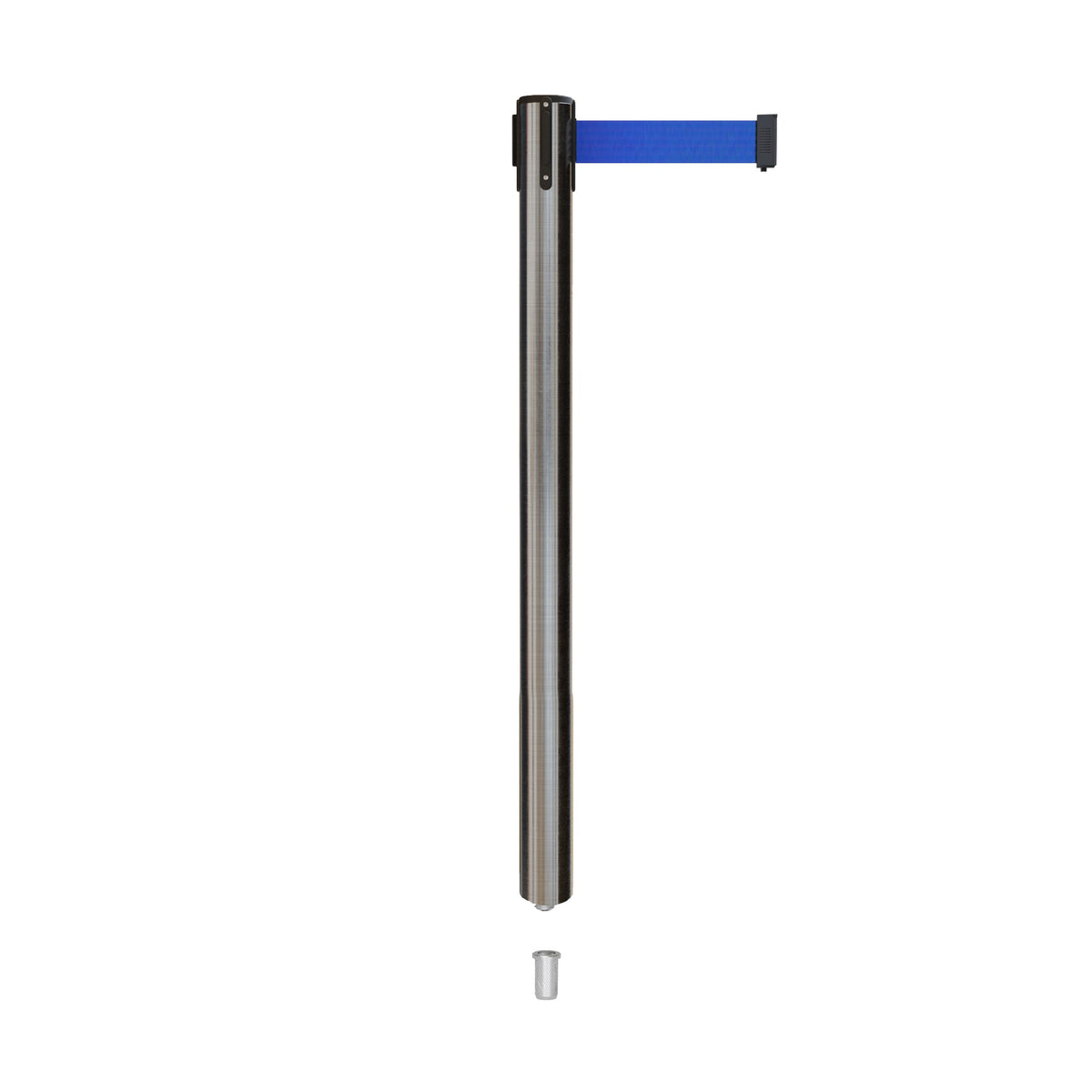 Retractable Belt Barrier Stanchion, Mini Socket Base, Satin Stainless Steel Post, 11 ft Belt - Montour Line MX630SK - Crowd Control Warehouse