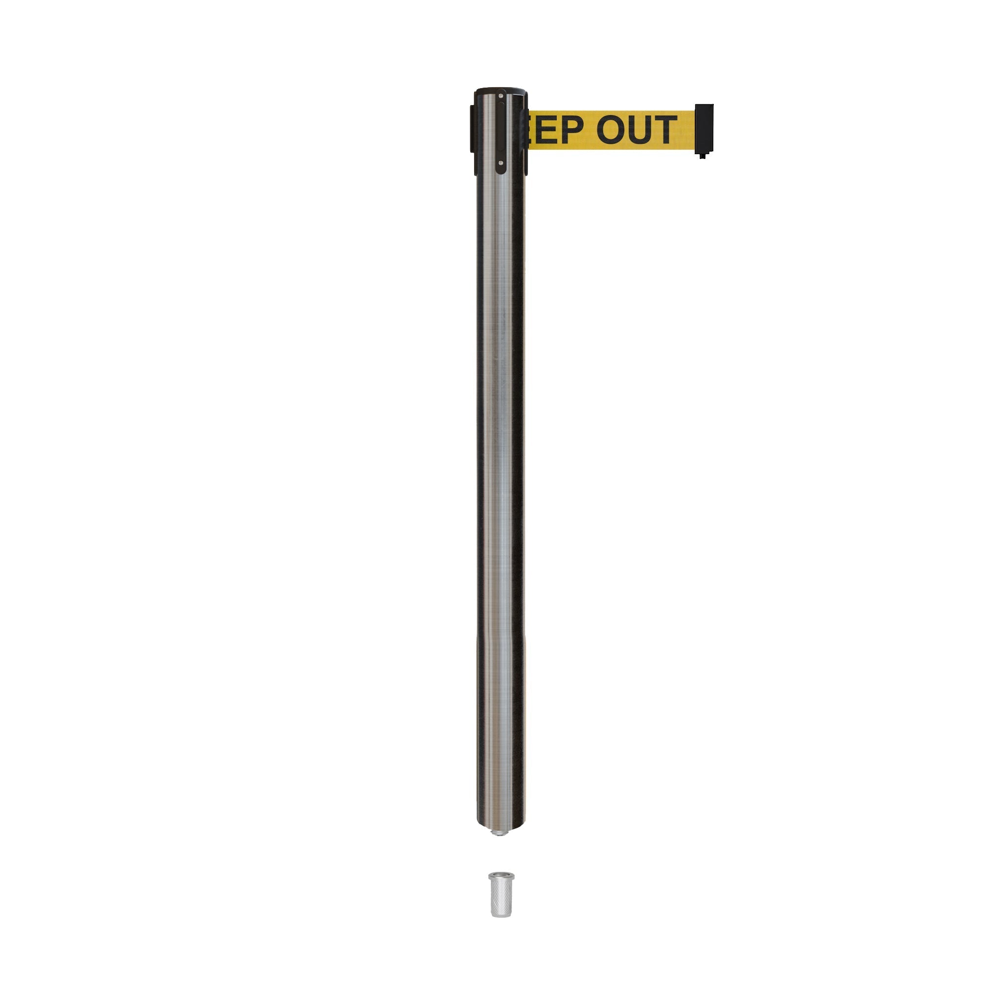 Retractable Belt Barrier Stanchion, Mini Socket Base, Satin Stainless Steel Post, 11 ft Belt - Montour Line MX630SK - Crowd Control Warehouse