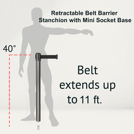 Retractable Belt Barrier Stanchion, Mini Socket Base, Satin Stainless Steel Post, 11 ft Belt - Montour Line MX630SK - Crowd Control Warehouse