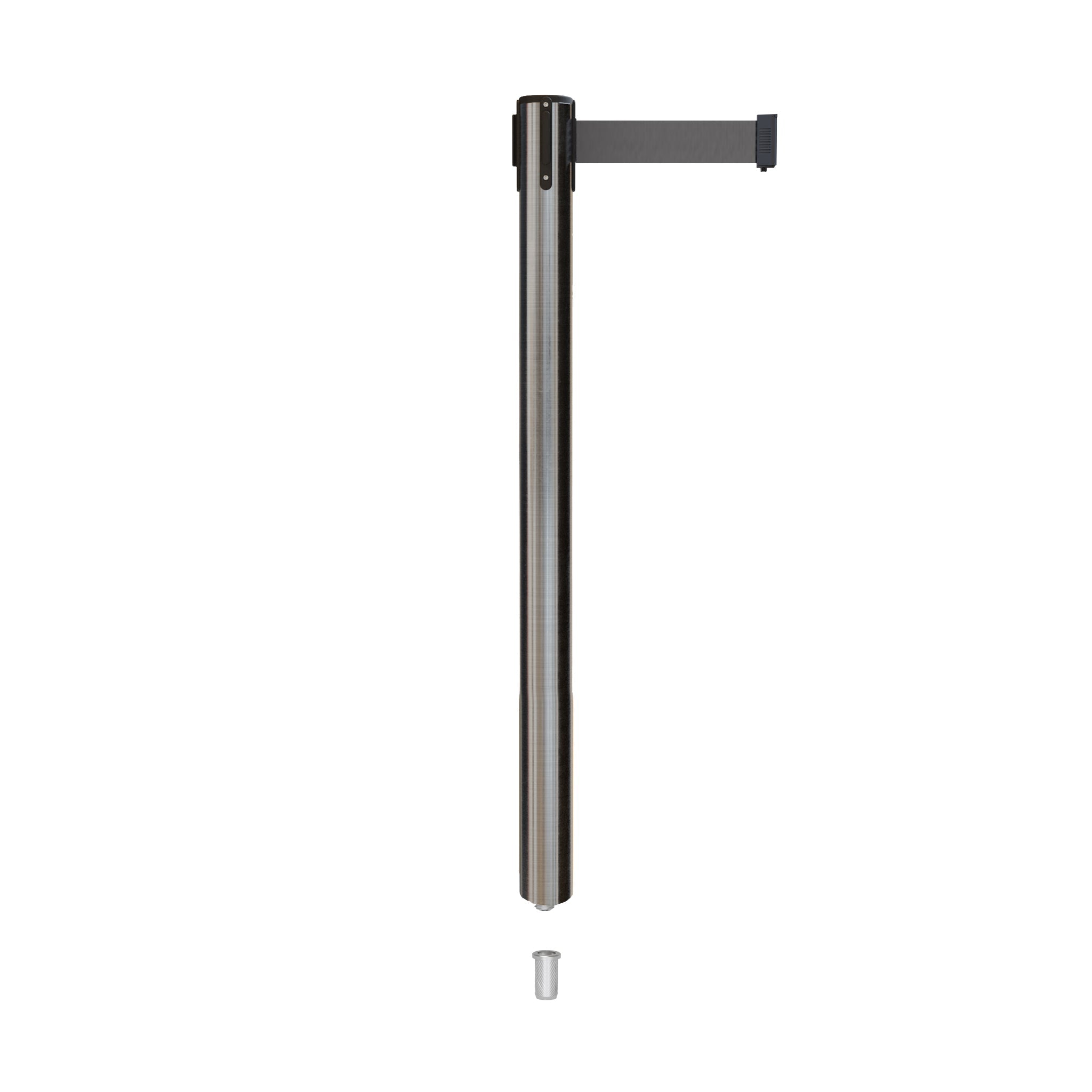 Retractable Belt Barrier Stanchion, Mini Socket Base, Satin Stainless Steel Post, 13 ft Belt - Montour Line MX630SK - Crowd Control Warehouse