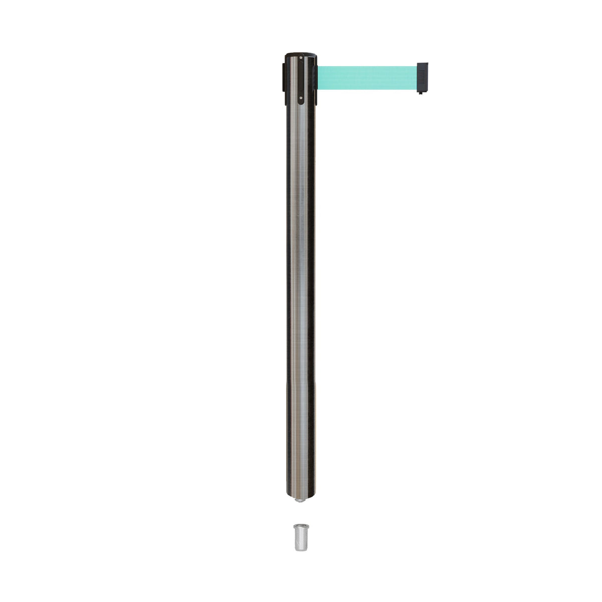 Retractable Belt Barrier Stanchion, Mini Socket Base, Satin Stainless Steel Post, 13 ft Belt - Montour Line MX630SK - Crowd Control Warehouse
