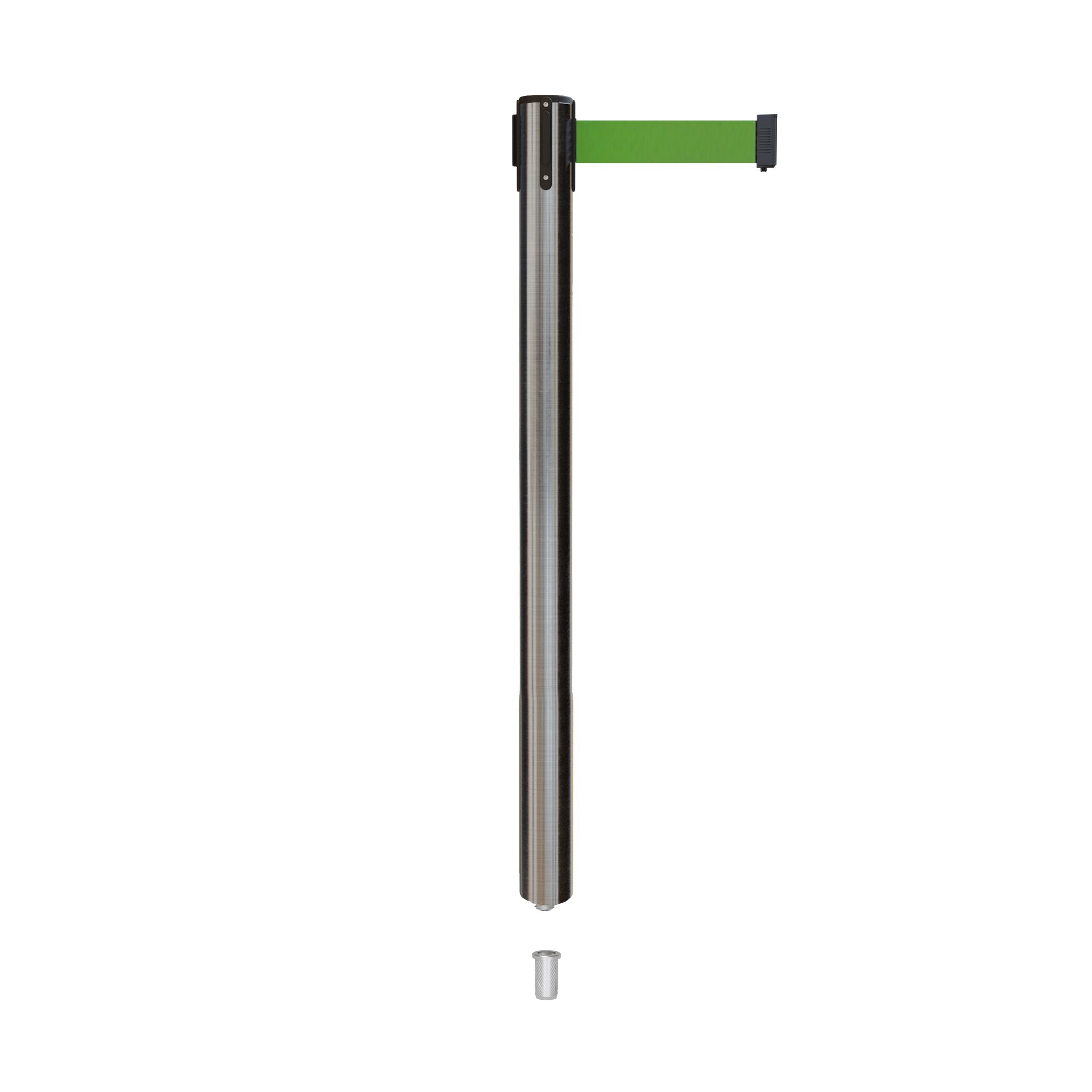 Retractable Belt Barrier Stanchion, Mini Socket Base, Satin Stainless Steel Post, 13 ft Belt - Montour Line MX630SK - Crowd Control Warehouse
