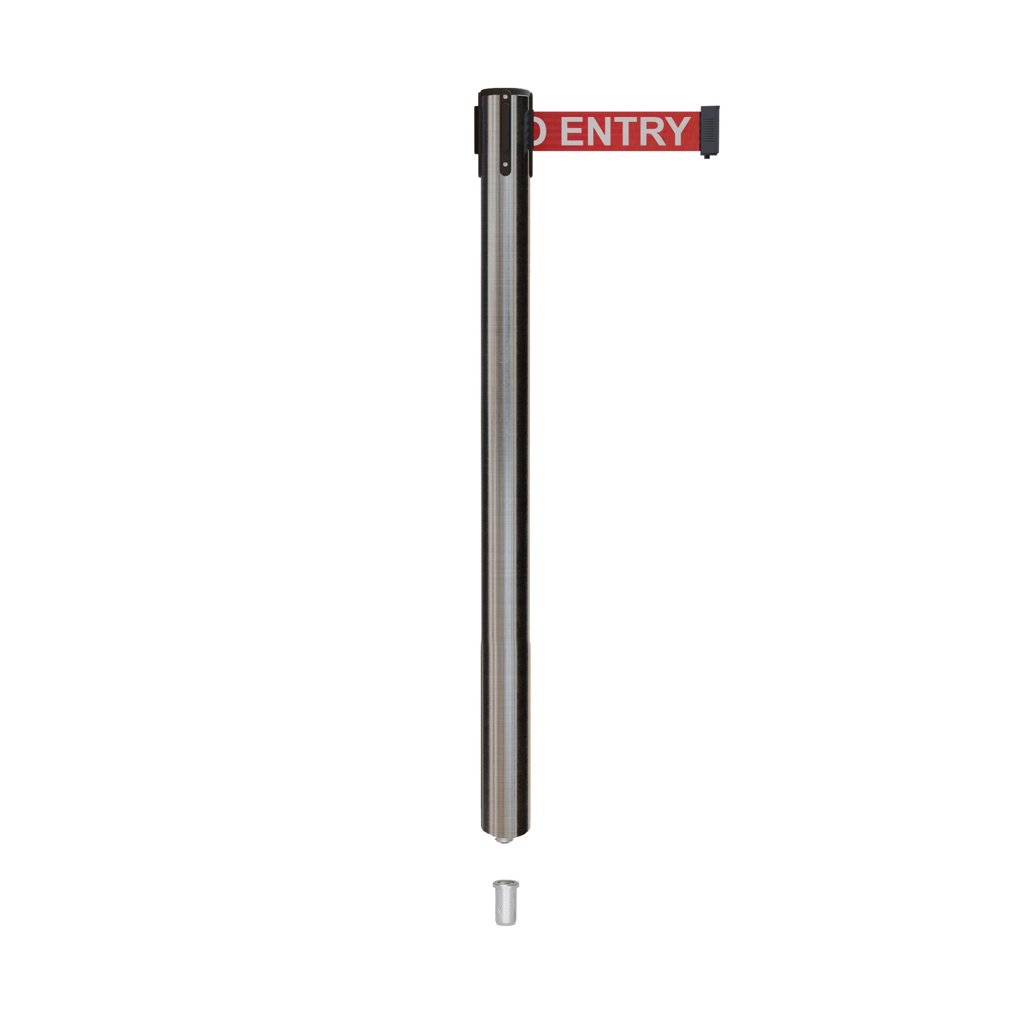 Retractable Belt Barrier Stanchion, Mini Socket Base, Satin Stainless Steel Post, 13 ft Belt - Montour Line MX630SK - Crowd Control Warehouse