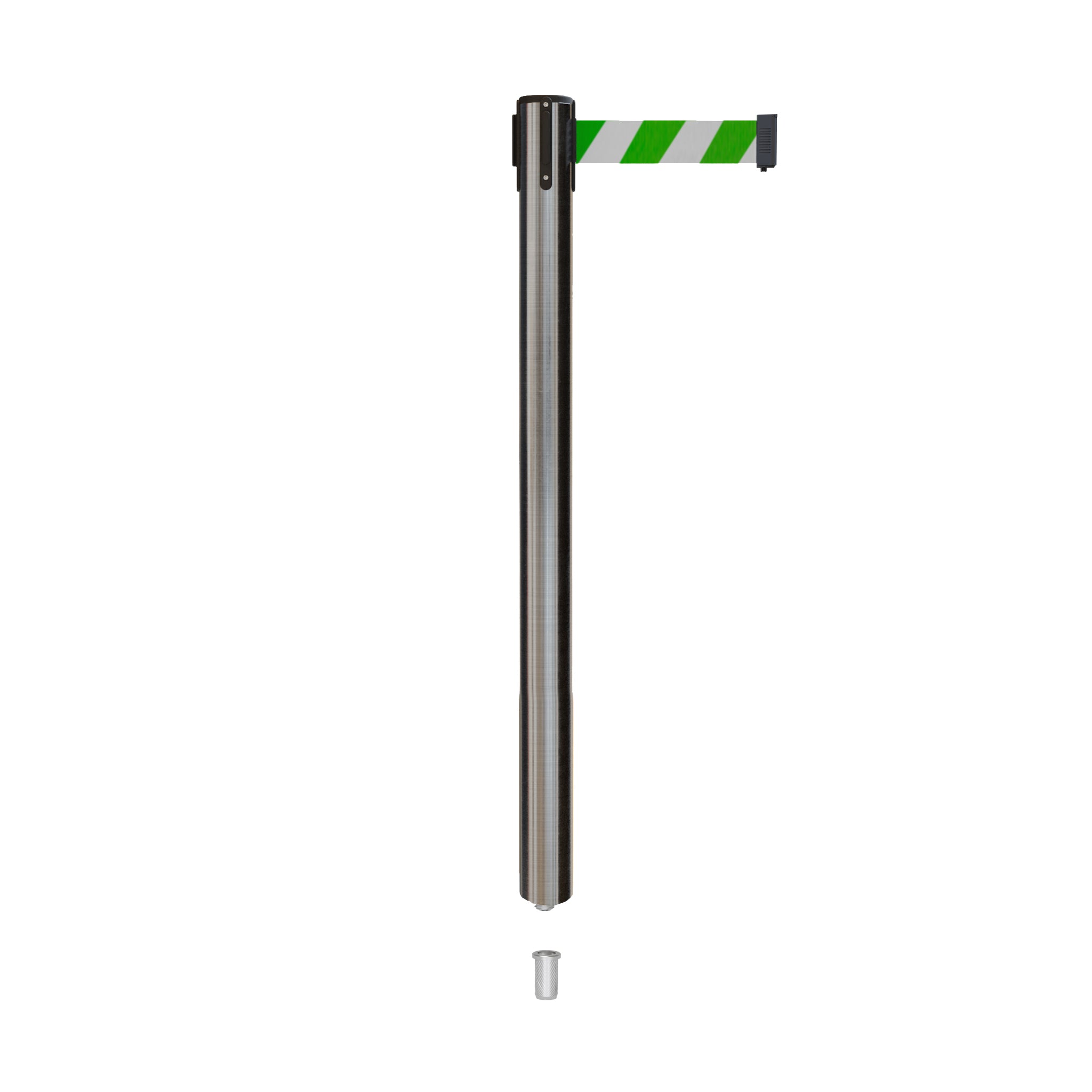 Retractable Belt Barrier Stanchion, Mini Socket Base, Satin Stainless Steel Post, 7.5 ft Belt - Montour Line MX630SK - Crowd Control Warehouse