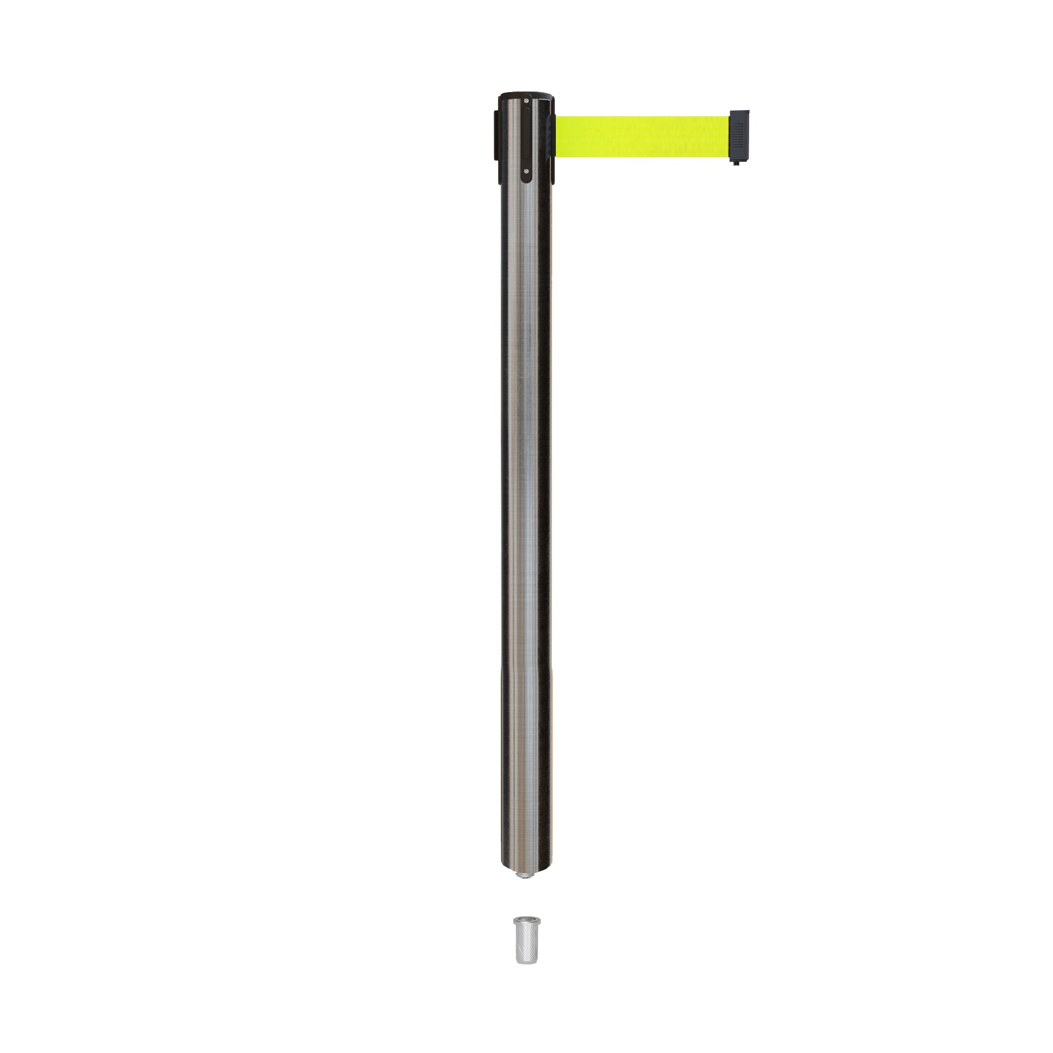 Retractable Belt Barrier Stanchion, Mini Socket Base, Satin Stainless Steel Post, 7.5 ft Belt - Montour Line MX630SK - Crowd Control Warehouse
