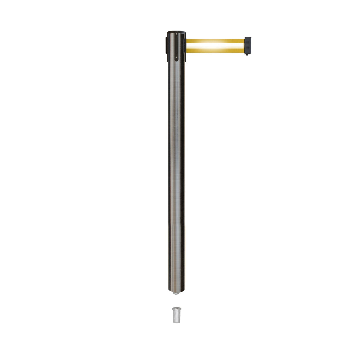 Retractable Belt Barrier Stanchion, Mini Socket Base, Satin Stainless Steel Post, 7.5 ft Belt - Montour Line MX630SK - Crowd Control Warehouse